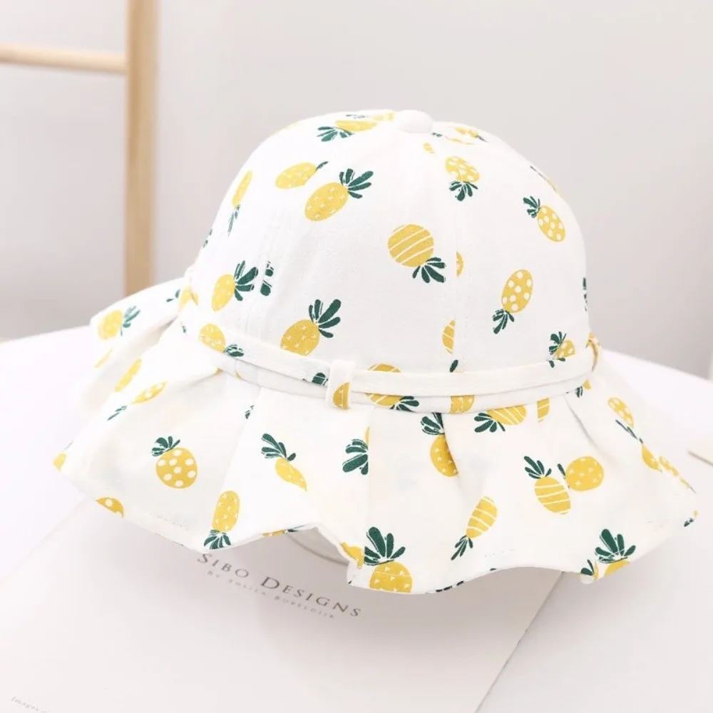 

Cotton Fabric Baby Girl Sun Hat Fruit Print Bowknot Bucket Hats UV Protection Breathable Lightweight Princess Children Cap