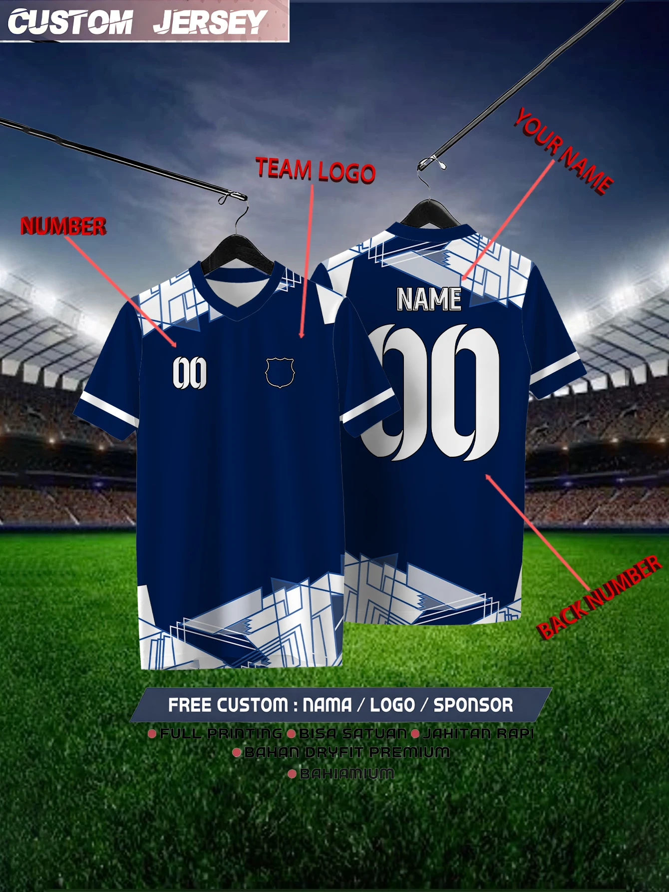 

Customized Geometric Navy Blue Short Sleeved Shirt with Team Name, Emblem, Name and Number, Outdoor Sports Short Sleeved T-shirt