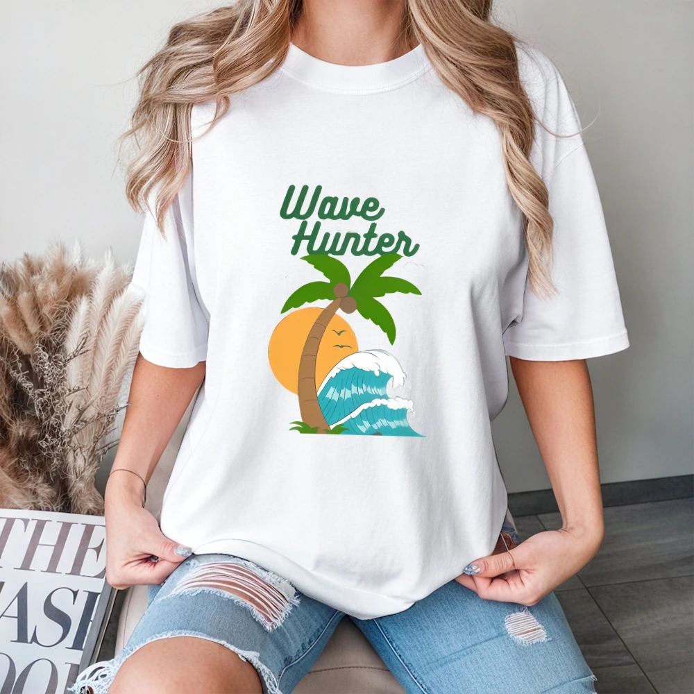 Wave Hunter Beach Tee Beige T Shirt Palm Tree Wave Graphic Casual Loose Short Sleeved Summer Surf Vibes Comfortable Top