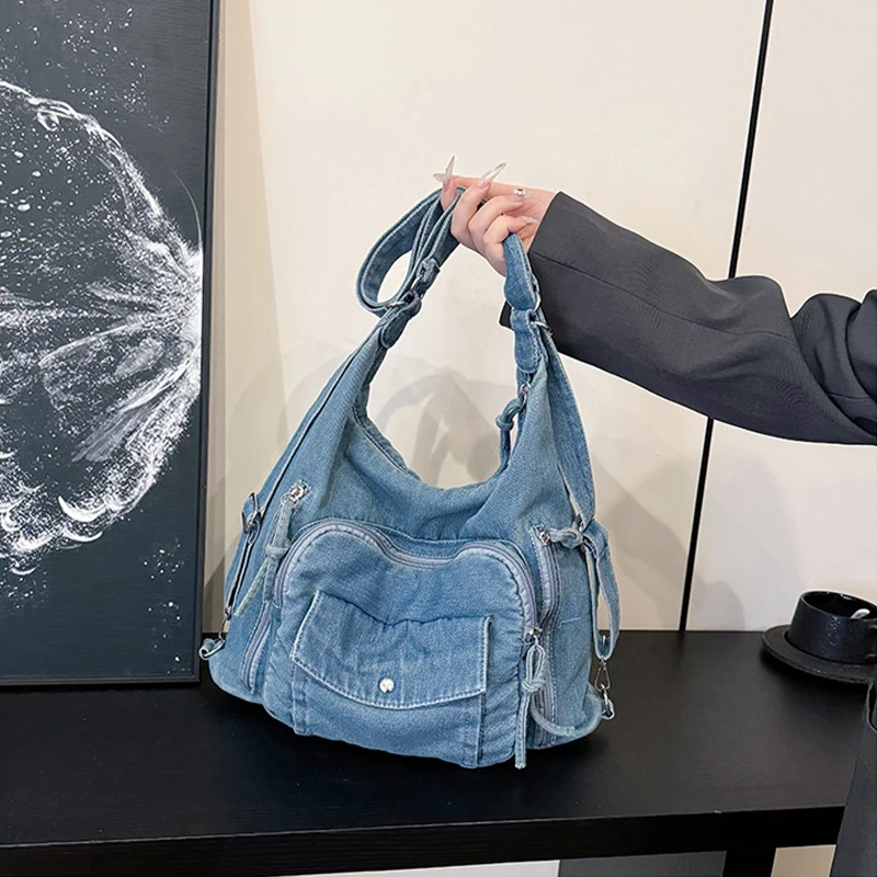 

Винтажная парусиновая джинсовая сумка на плечо с несколькими карманами, синяя дорожная сумка на плечо Harajuku, большая вместительная женская сумка подмышками