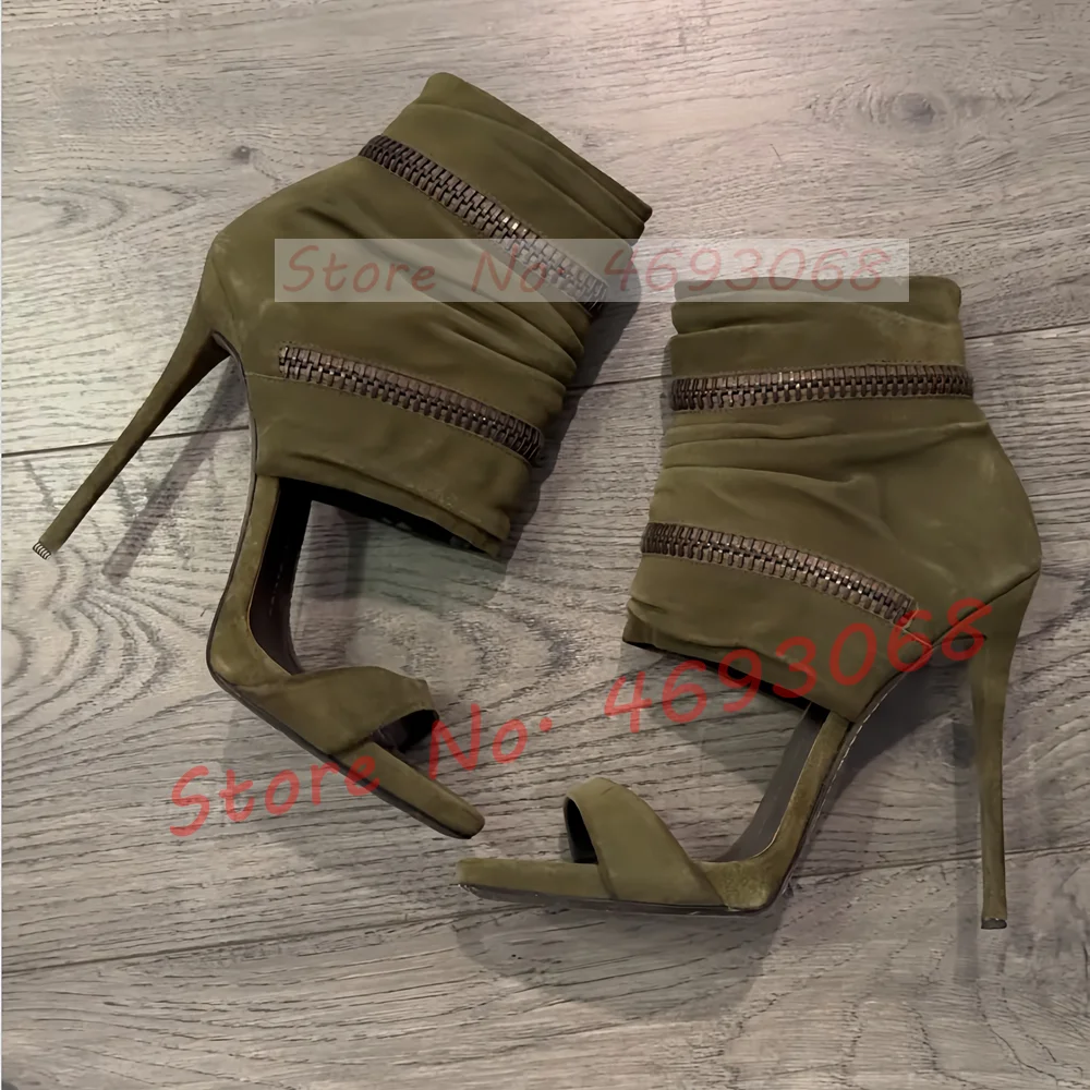 Zip Ankle Wrap High Heels Sandals Women Outfit Retro Brown Summer Elegant Flock Shoes Female Covered Heel Open Toe Suede Sandals image 5