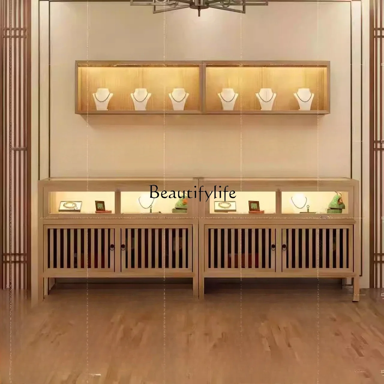 

04New Chinese jewelry solid wood jadeite jade jewelry antique showcase glass