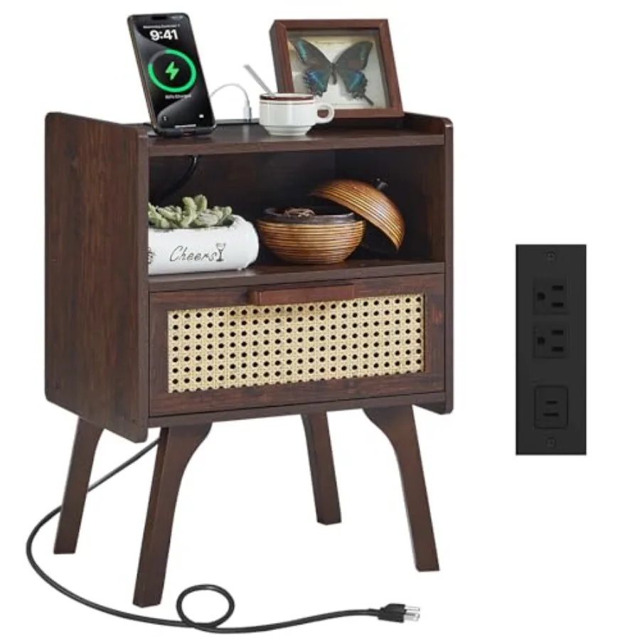 

Rattan Nightstand with Charging Station Bedside Table with Drawer Open Shelf Cane Accent Side End Table with Solid Wood Legs Ni