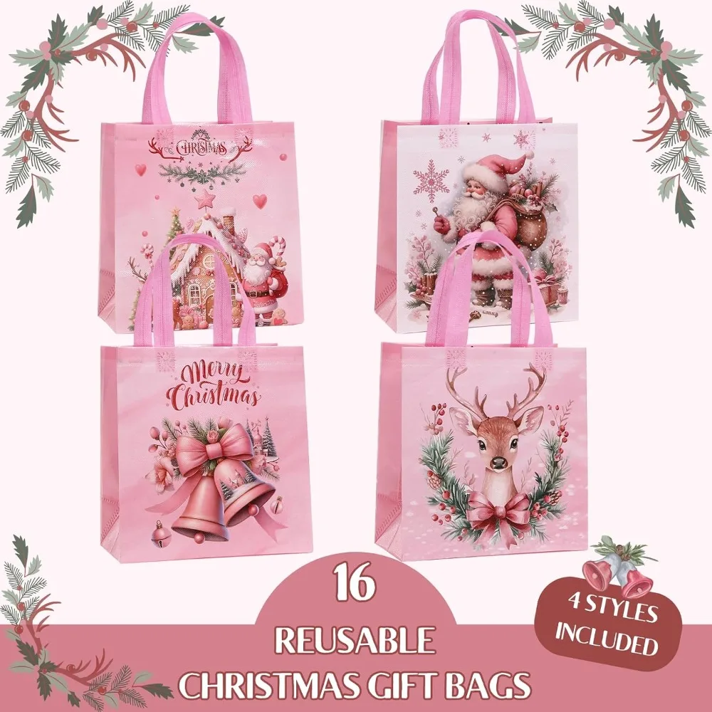 12/24/48/60Pcs Pink Christmas Non-Woven Gift Tote Bags 4 Styles Santa Deer Bell Xmas Party Candy Favor Wrapping