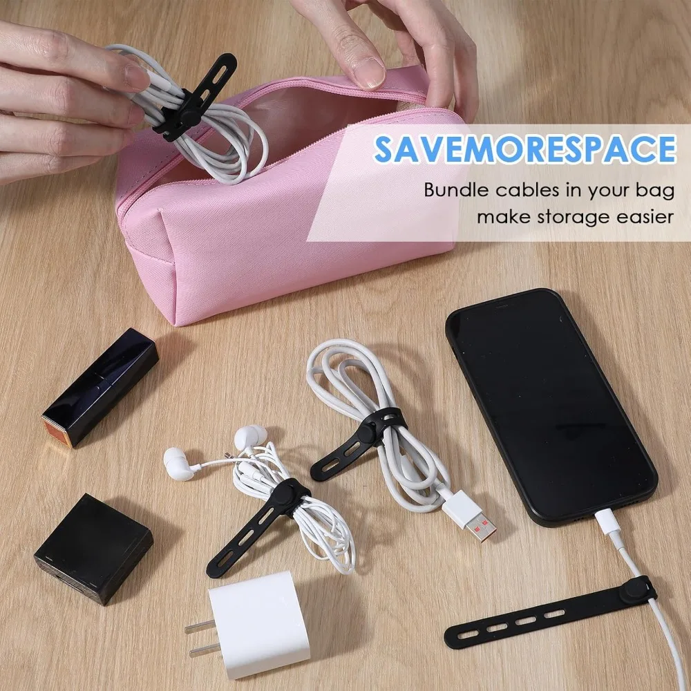 12 قطعة من ربطات كابل السيليكون، ربطات سلكية قابلة لإعادة الاستخدام للإلكترونيات، منظم كابلات البيانات، غلاف سلك مرن (أسود)