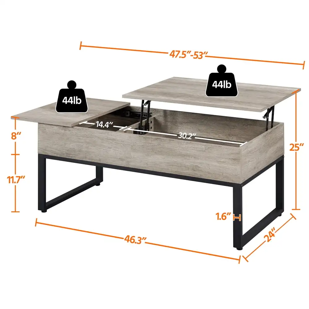 Split Lift Top Rectangular Wood Coffee Table, Large, Rustic Gray