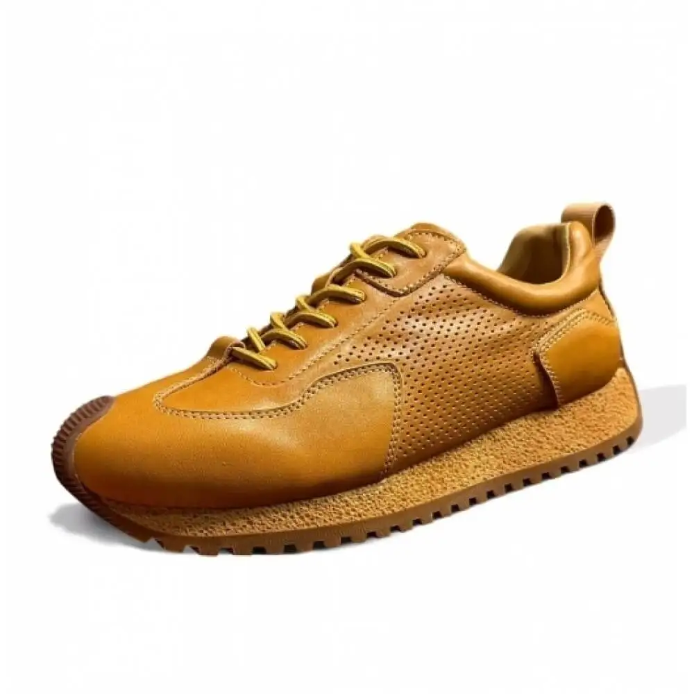 Caramel Yellow Perforated Leather Retro Sneakers, with matching laces and gum sole, breathable and stylish