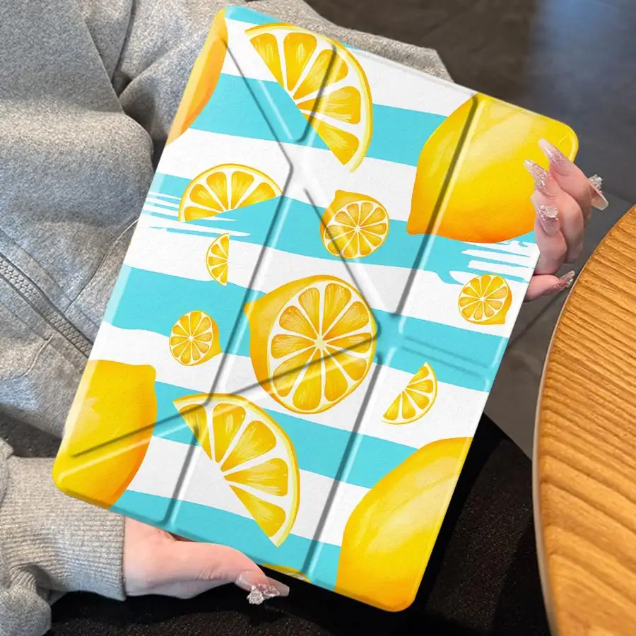 Lemon Geometric Print With Pen Slot Cover Tablet Case For iPad Air 8 M2 M3 3 9th 10th Gen Mini 7 6 5 11th 12th Pro M4 13 2025