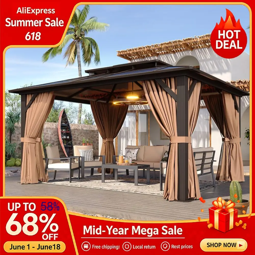 

12x10 Hardtop Gazebo, Aluminum Frame Permanent Pavilion with Curtains and Netting, Outdoor Polycarbonate Double Roof Custom
