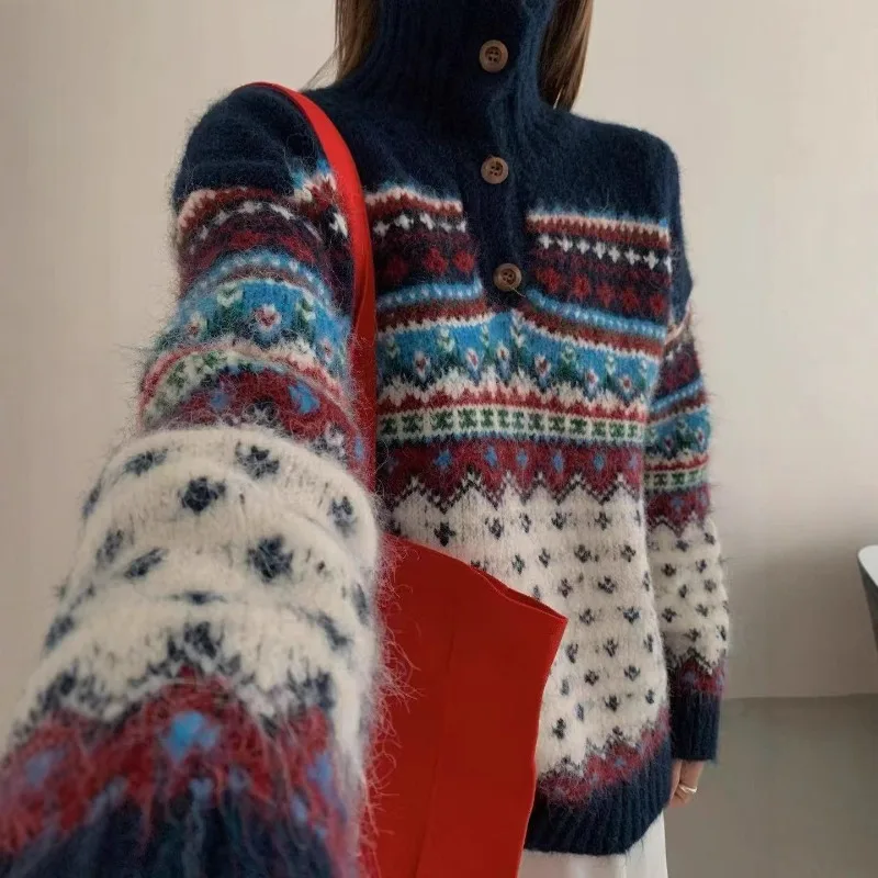 

2025 жаккардовый свитер в рождественском стиле, женский ретро ленивый стиль, женский пуловер с воротником-поло контрастного цвета, вязаный свитер