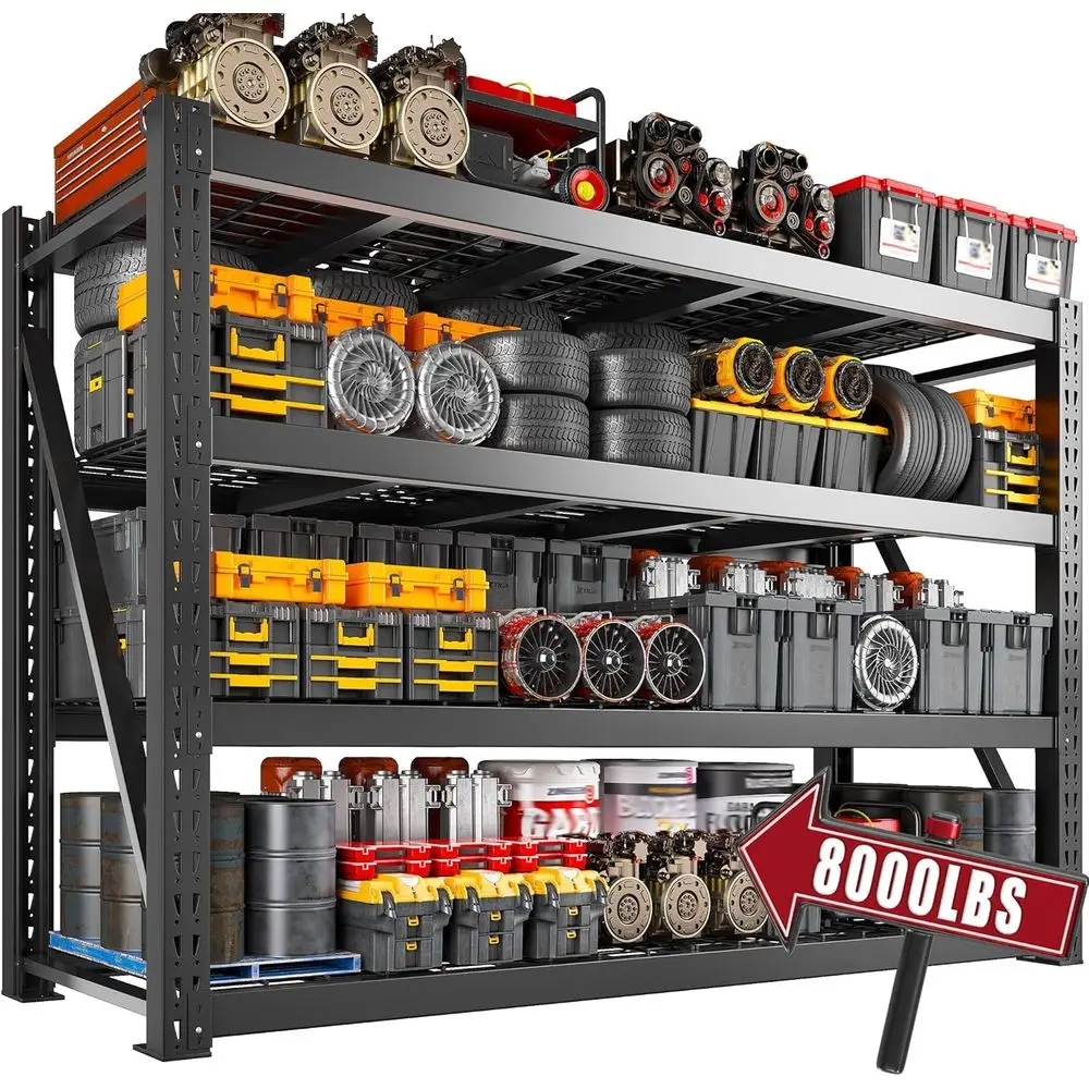 

Металлические регулируемые стеллажи для хранения, 77W, грузоподъемность 8000 фунтов, 4 уровня, для гаража, промышленного использования или подвала, 72H, черные