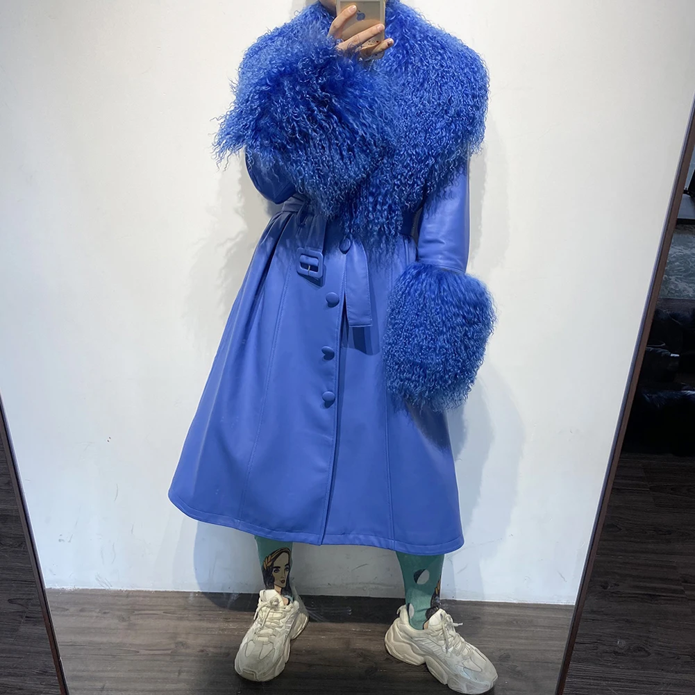 Denny&Dora Blue Long Coat Plus Size - Women Genuine Leather Trench Coat with Mongolia Sheep Fur Collar