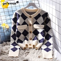 Women Vintage Classic Argyle Chic Single Breasted Outewear Knitted Cardigan Y2K Casual Round Neck Long Sleeve Loose Sweater Coat