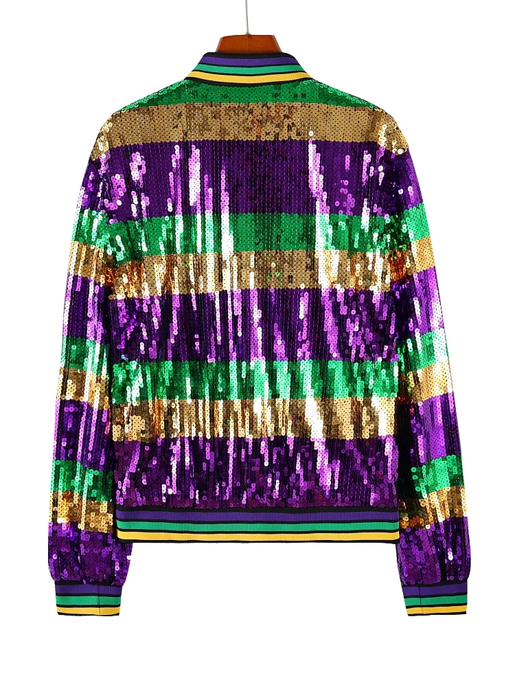 

2026 New Mardi Gras Women Tri Color Sequin Jacket Shiny Zip Up Jacket Party Club Carnival Long Sleeve Baseball Collar Jacket
