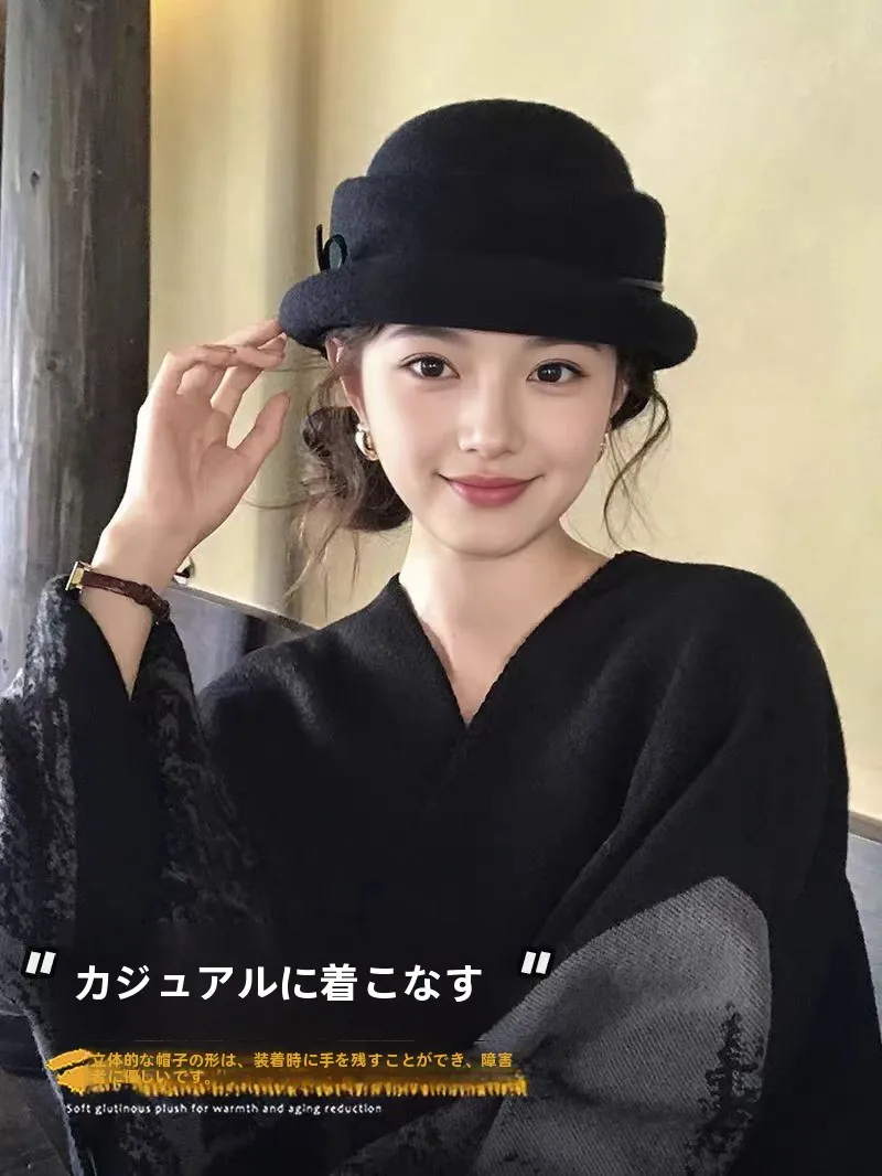 韓国風ファッショナブルなウール漁師帽女性の冬暖かいオールマッチ蝶ネクタイ盆地キャップ高級通気性折りたたみ可能