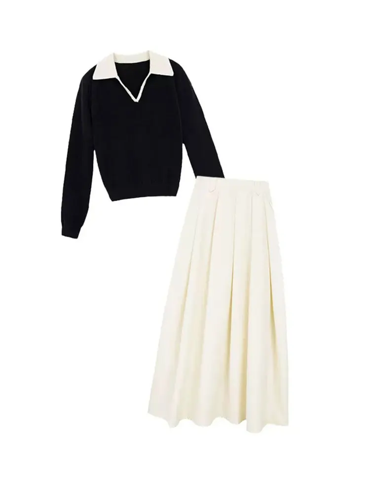 

Plus Size Fall Tea System Slimming Women's Large Size Dr Set High Waist A-Line Skirt Long Sve V-Ne Two-Piece Suite Casual Wear
