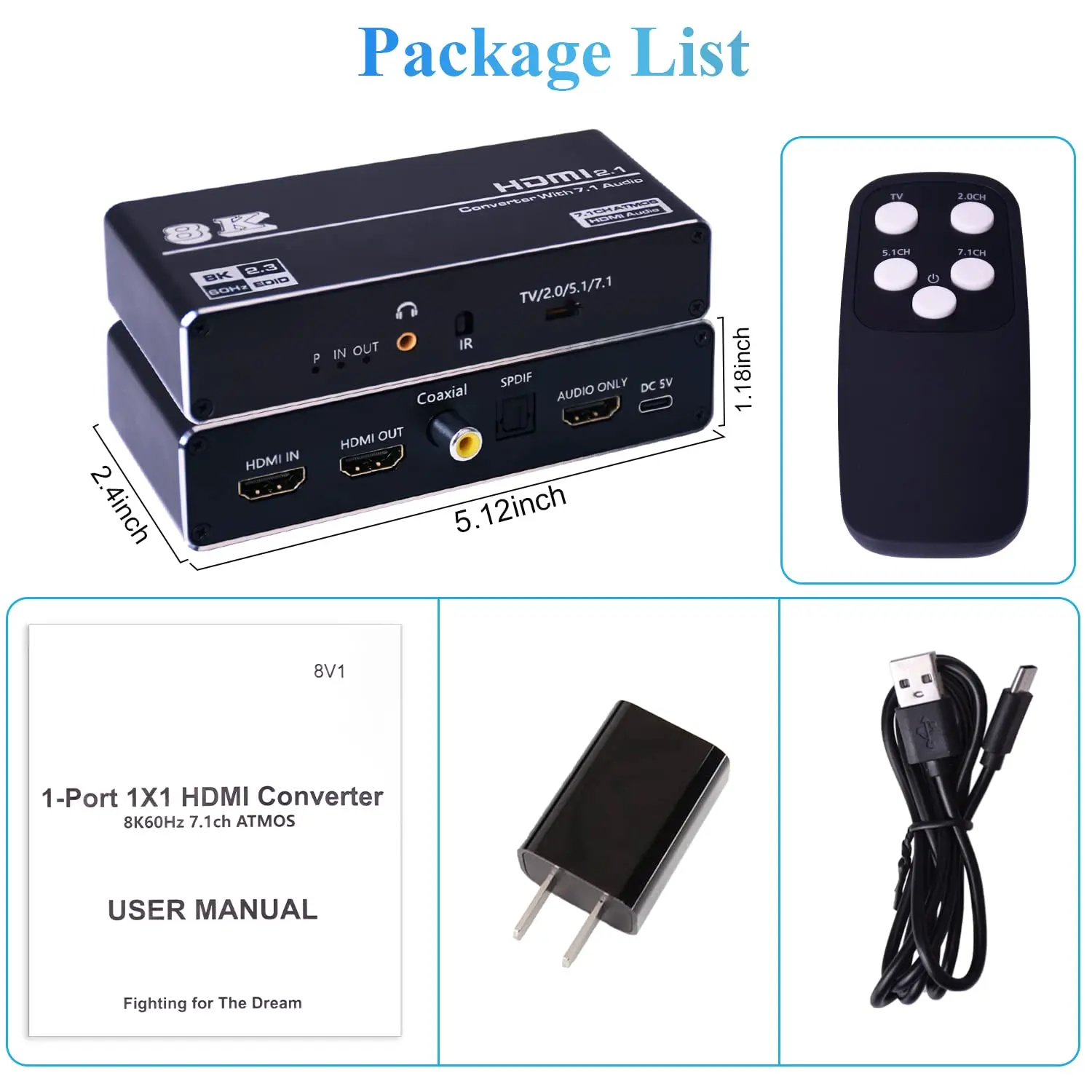 8K 60Hz HDMI 2.1 Audio Extractor 1 Port 7.1CH Atmos HDCP2.3 Coaxial Optical Toslink Video Audio Splitter Converter for TV Projec