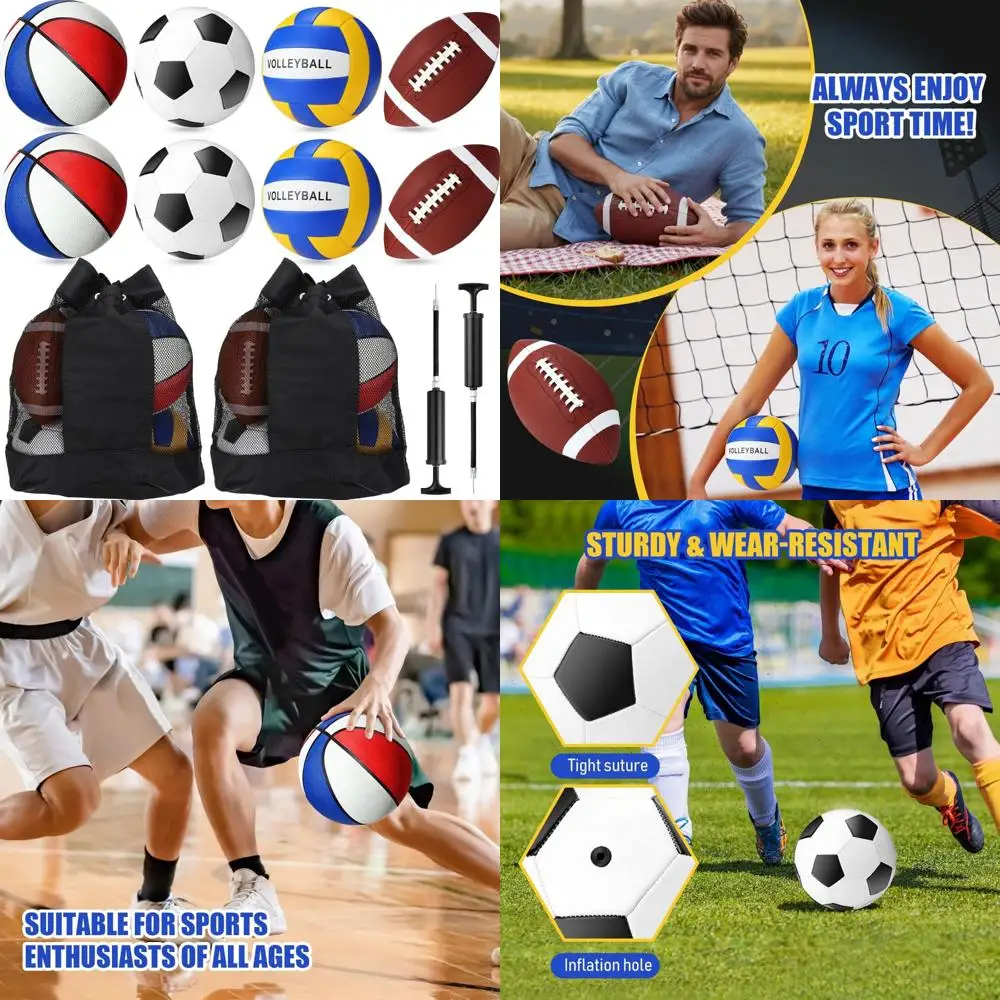 

Complete 8-Piece Sports Balls Set: Basketball, Football, Soccer, Volleyball with Equipment Bags and Pumps for Teens, Youth, and