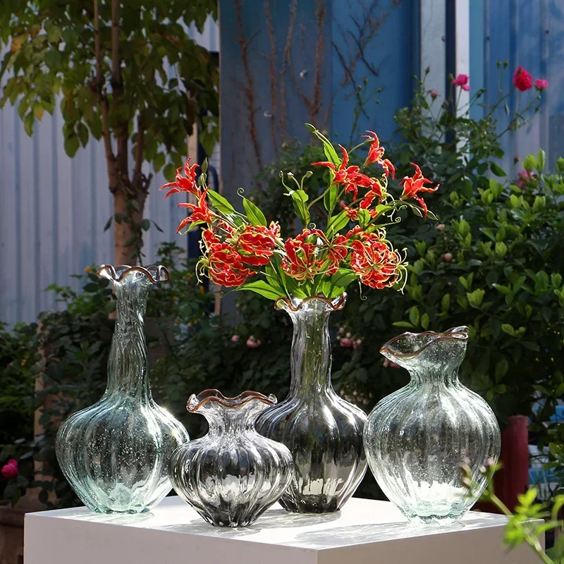 Nordic fatto a mano bocca ondulata pizzo bolla verde collo storto grande pancia vaso di zucca modello camera soggiorno