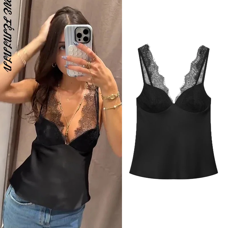 

Women's Tops With Lace Tank Top Tanks & Camis Vintage Sexy Camisole For Women Black Elegant Woman Top Sleeveless European Summer