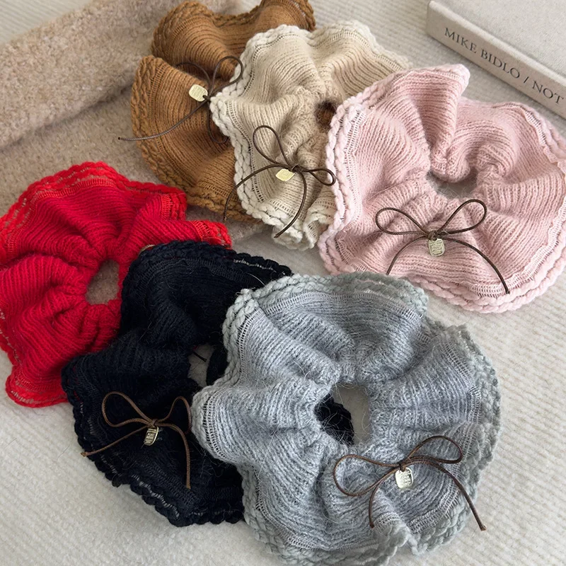 Delikatny temperament miękka wełniana dzianina Ruffles gumki do włosów romantyczne opaski na głowę dla kobiet dziewczynki słodka kokardka gumka do włosów opaski gumowe