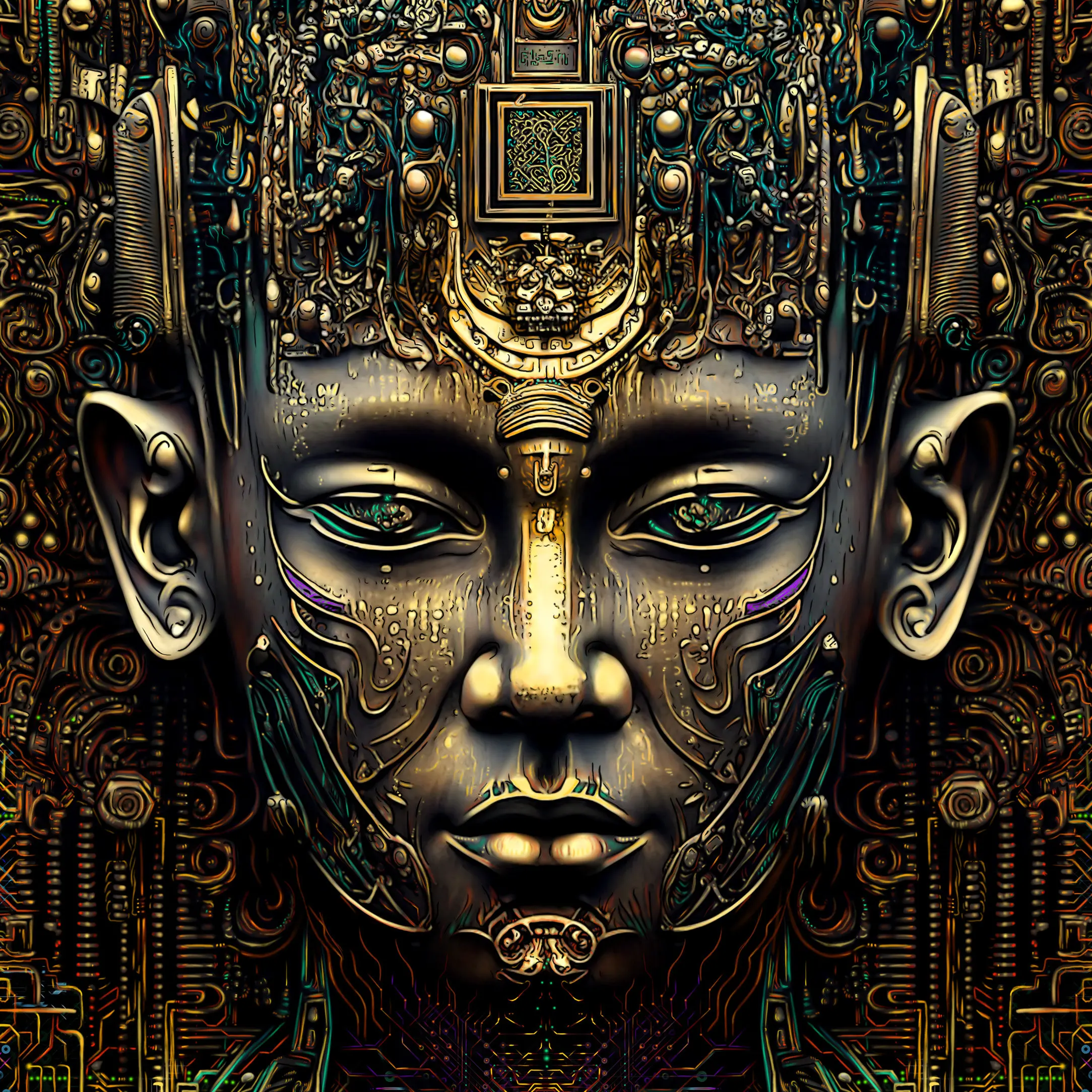 

Golden Ancient Alien Face Art Print Futuristic Cyberpunk Wall Decor Poster
