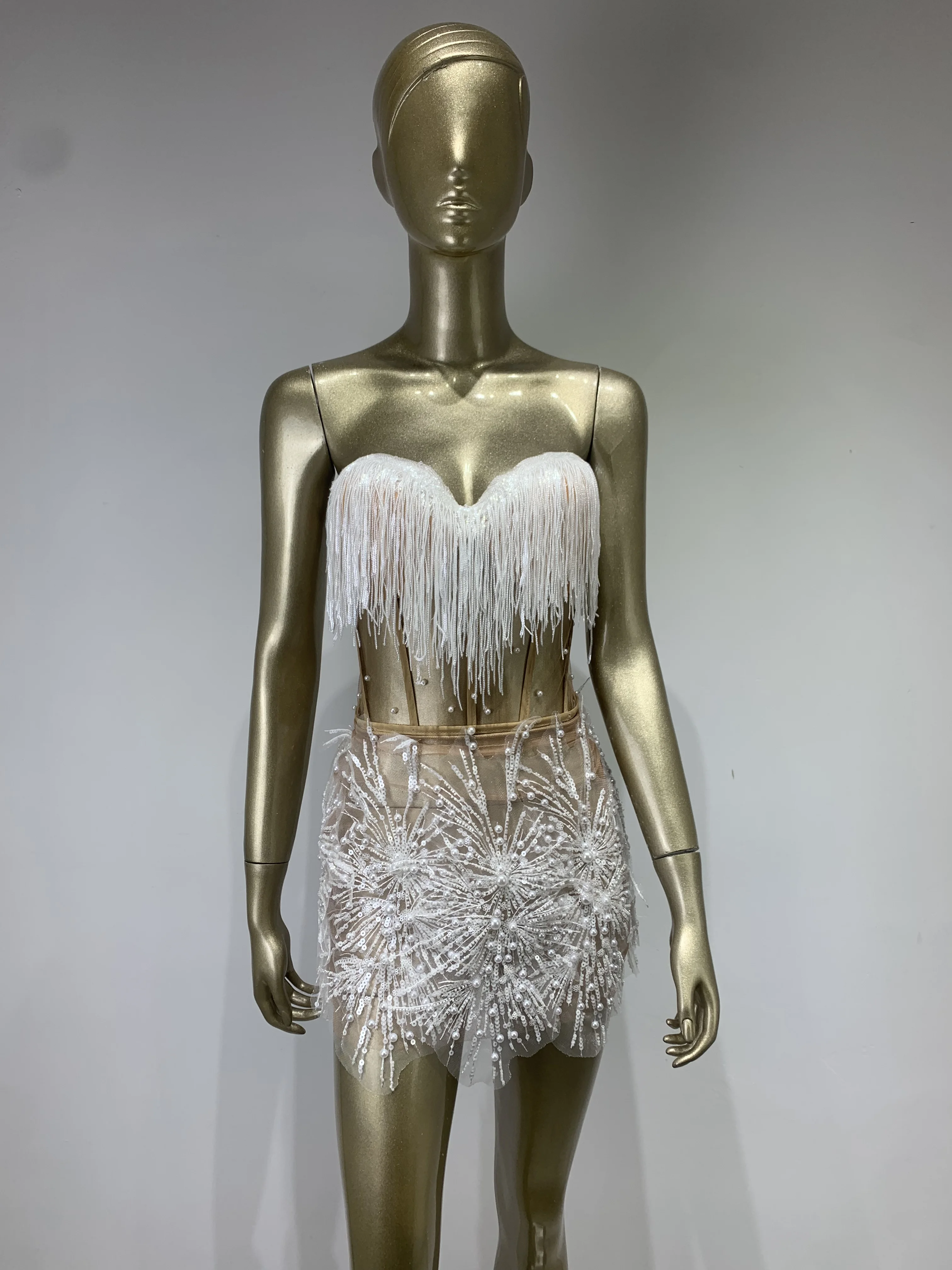 Women Sexy Sheer Transparent Pearl Sequin Neckline Open Back Mini Dress Female Singer Bar Nightclub Stage Performance Clothing