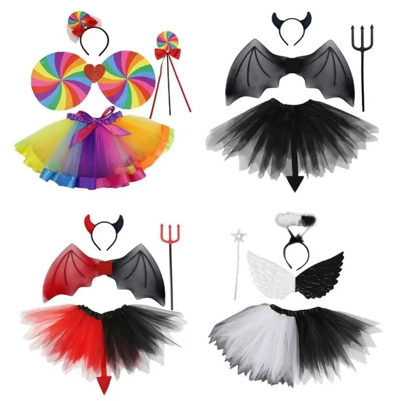 Ensemble costumes arc-en-ciel d'Halloween 652F, accessoires Costume Cosplay du diable pour enfants filles, comprenant