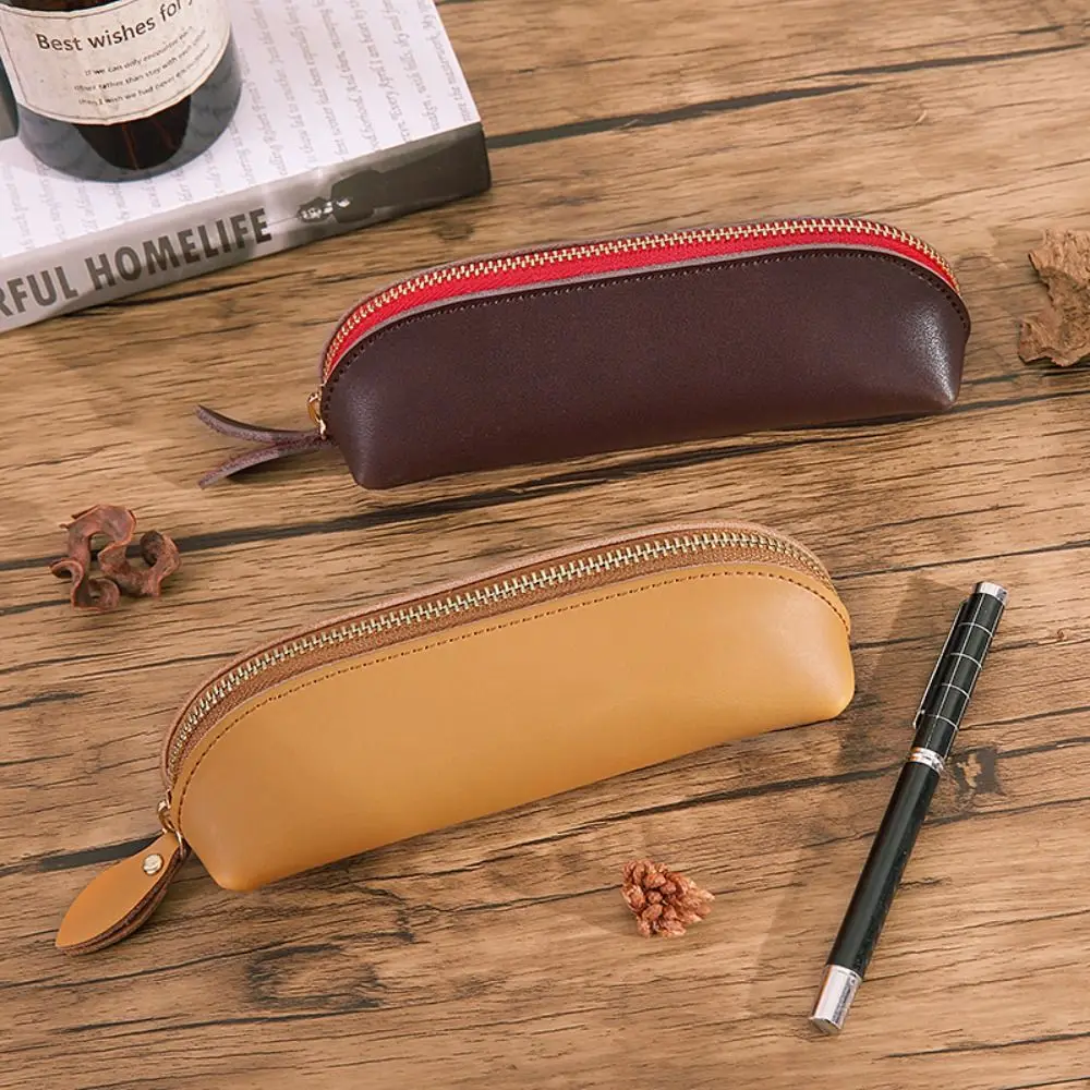 Stationery Holder Retro Cowhide Pencil Bag Durable Mini Zipper Pen Case Handmade Waterproof School Stationery Bag Student