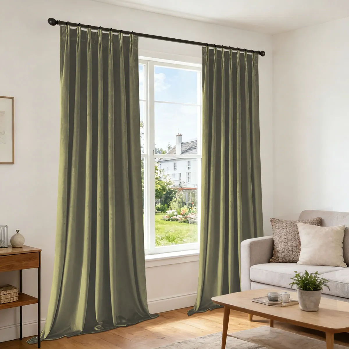 Olive Green Velvet Pinch Pleat Curtains, Heavy Soft Velvet Drapes for Living Room Vintage Cottage Decor