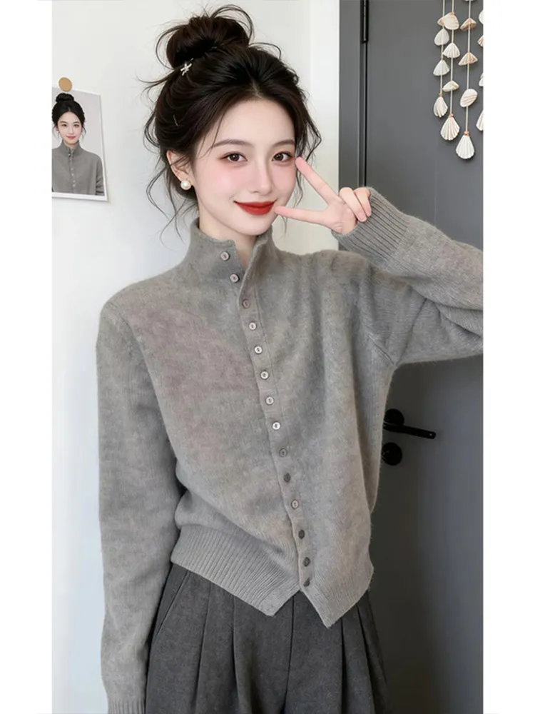 

Мягкий вязаный свитер с воротником-стойкой для женщин, базовый слой, удобный свободный крой, длинный рукав, корейский стиль, весна-осень