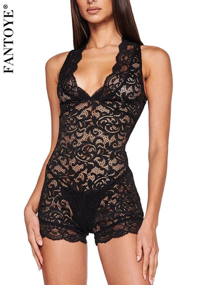 

Fantoye Sexy See Through Lace Women Bodysuit Black Deep V-neck Print Floral Bodysuit Female Spring Skinny Elegant Party Clubwear