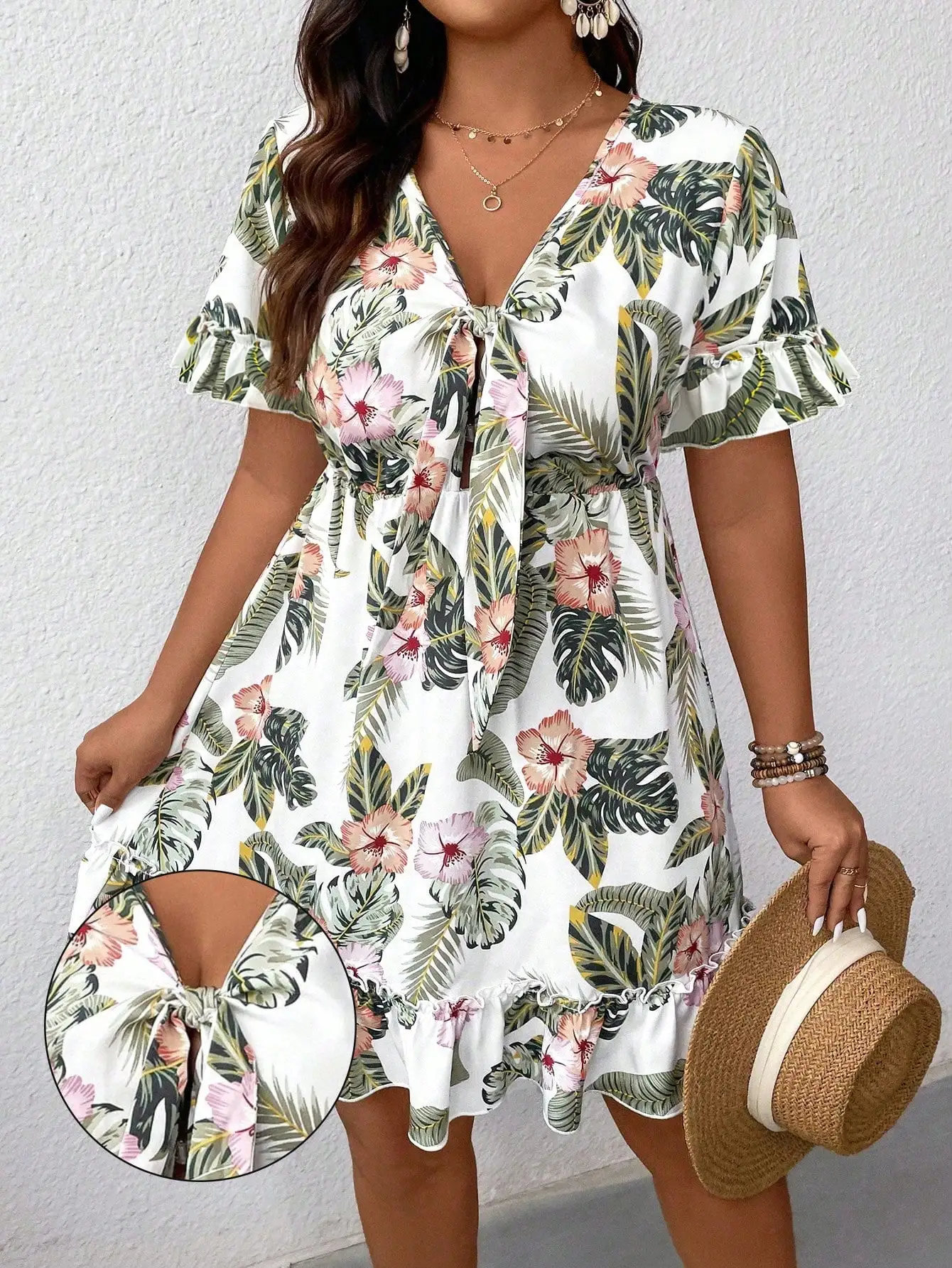 

Women's Tropical Floral Print V-Neck Front Tie Dress with Ruffle Sleeves and Hem