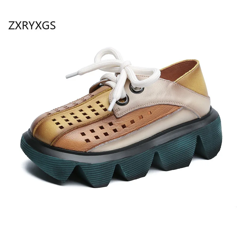 ZXRYXGS 2026 New Top Layer Cowhide Hollow Spell Colors Women Trendy Shoes Thick Sole Non-slip Mid Heel Height Increase Shoes
