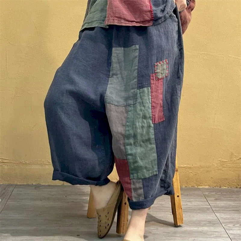 Cotton Linen Pants Sets Patchwork Vintage Shirt and Casual Harem Pants Oversized Korean Fashion Two Piece Sets Women Outfits