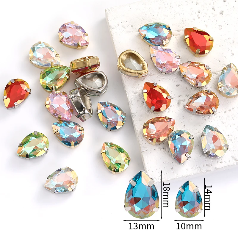 Glitter Drop Crystals Rhinestones DIY Clothing Crafts Nails Decorations Glass Jewelry Dress Sewing On Golden Metal Accessories