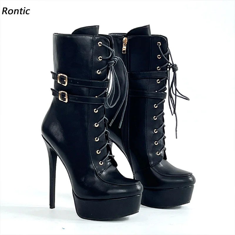 

Rontic Handmade Women Winter Ankle Boots Buckle Strap Thin High Heels Round Toe Pretty Black Club Shoes Ladies US Plus Size 5-20
