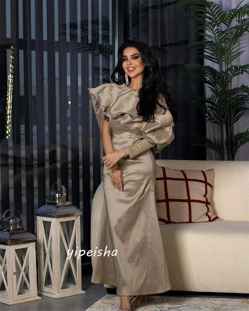 ซาติน Draped ชุดราตรี A-Line O-คอ Bespoke โอกาสเดรสยาวถึงข้อเท้า