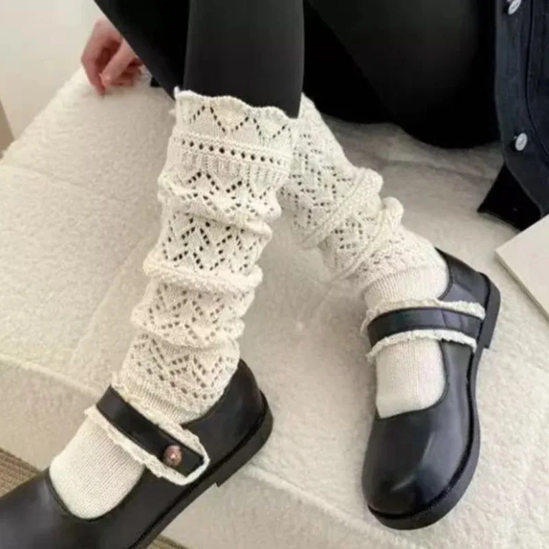 2 Pairs Hollow Knitted Socks for Women Soft Warm Home Long Tube Socks Solid Color Autumn Winter Stockings Boots Socks