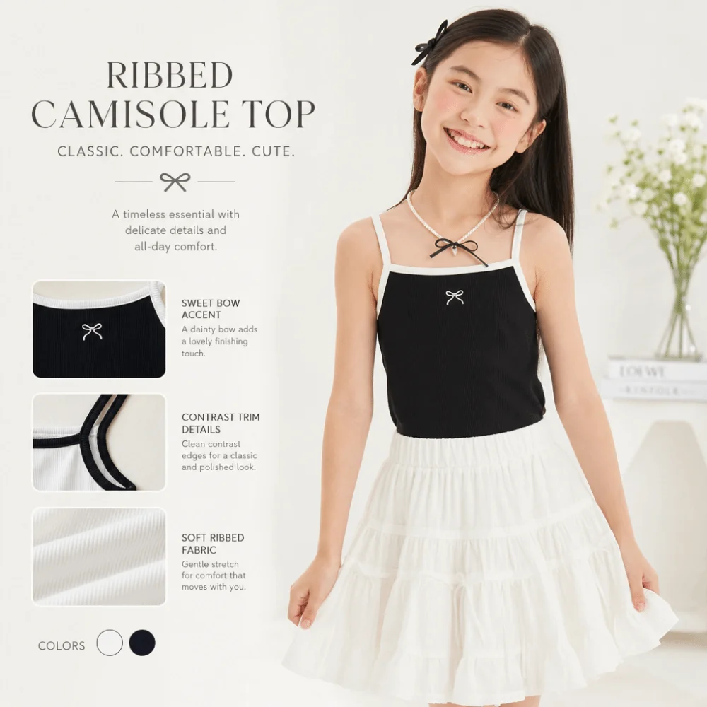 Ribbed Knit Girls Camisole Top Spaghetti Straps Contrast Trim Tank Top Cropped Length Bow Embroidery Cropped Vest Daily Outfit