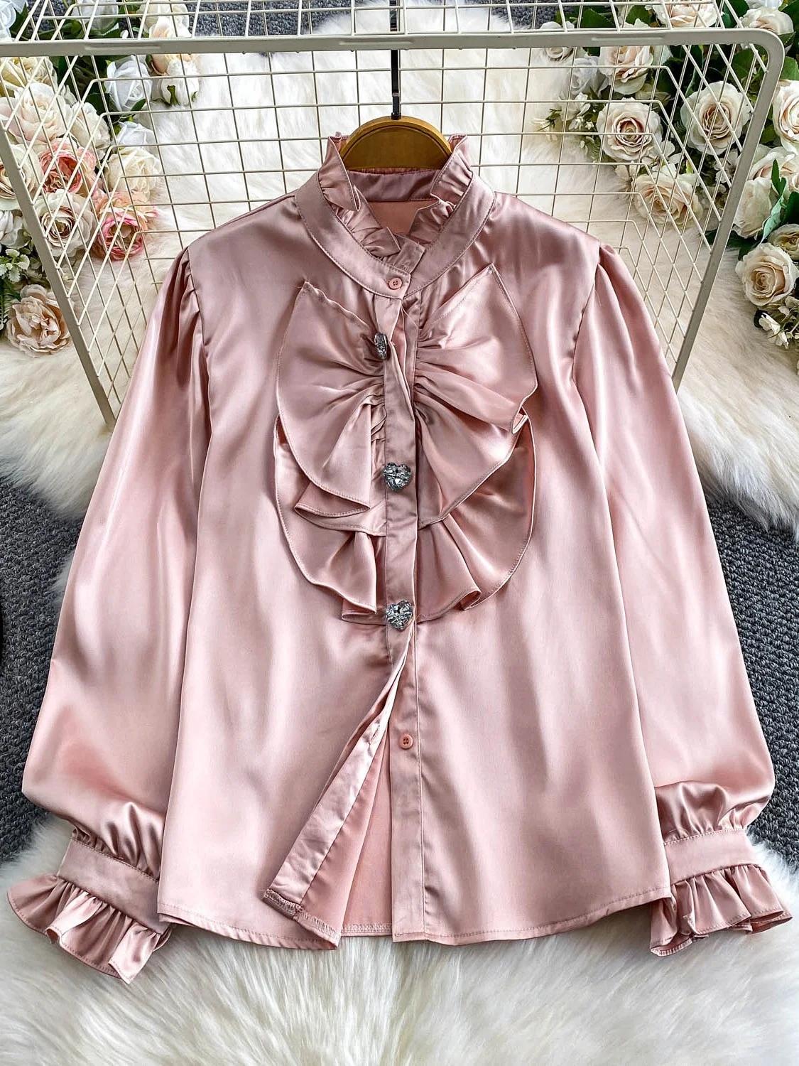 

Ele Sweet Knot Ruffle Collar irt Women's Autumn Winter Anti-Wrinkle Satin Diamond Embellied Top