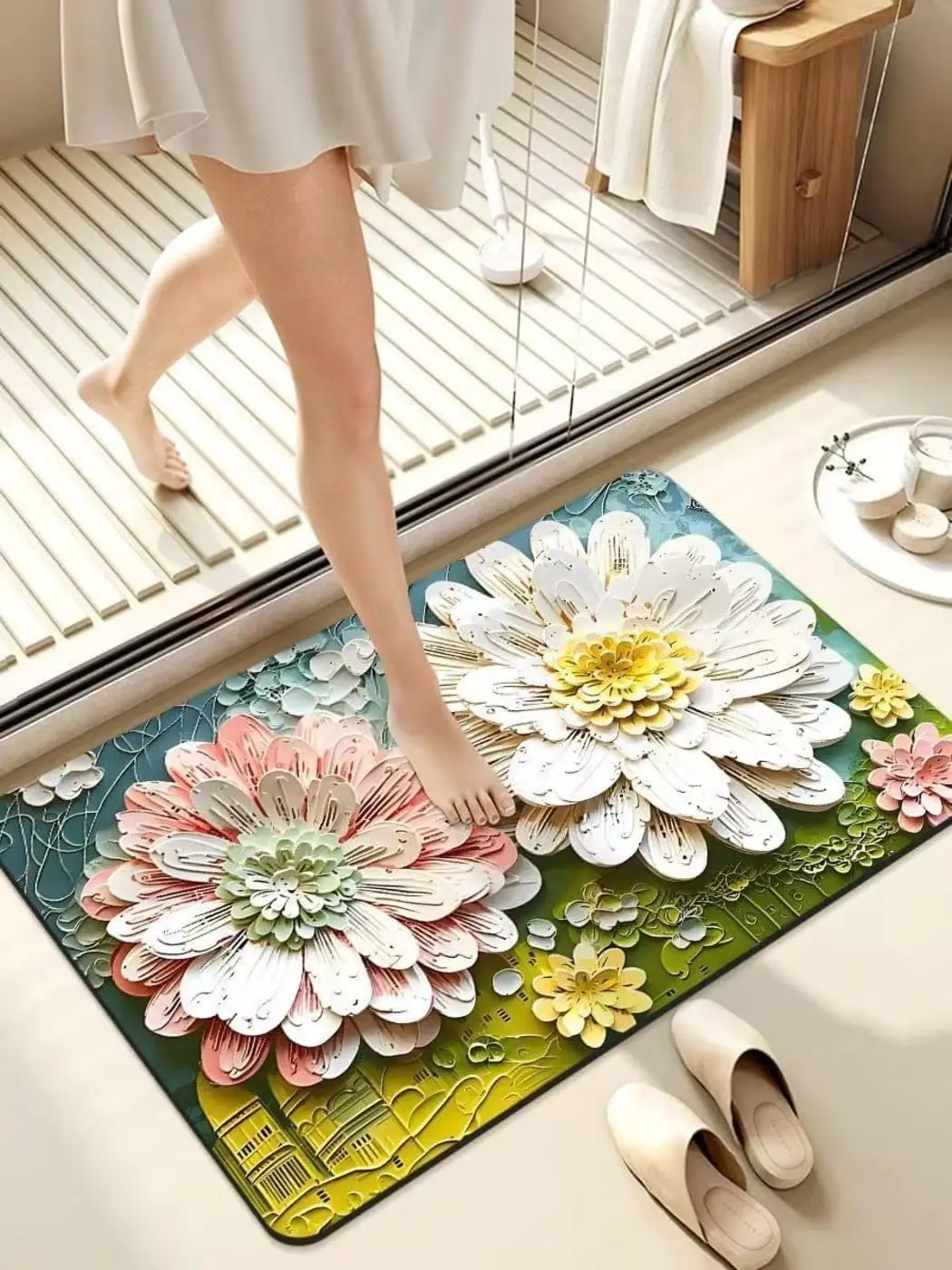 3D Layered Flower Bath Mat Multi Color Petals for Modern Bathroom Entrance