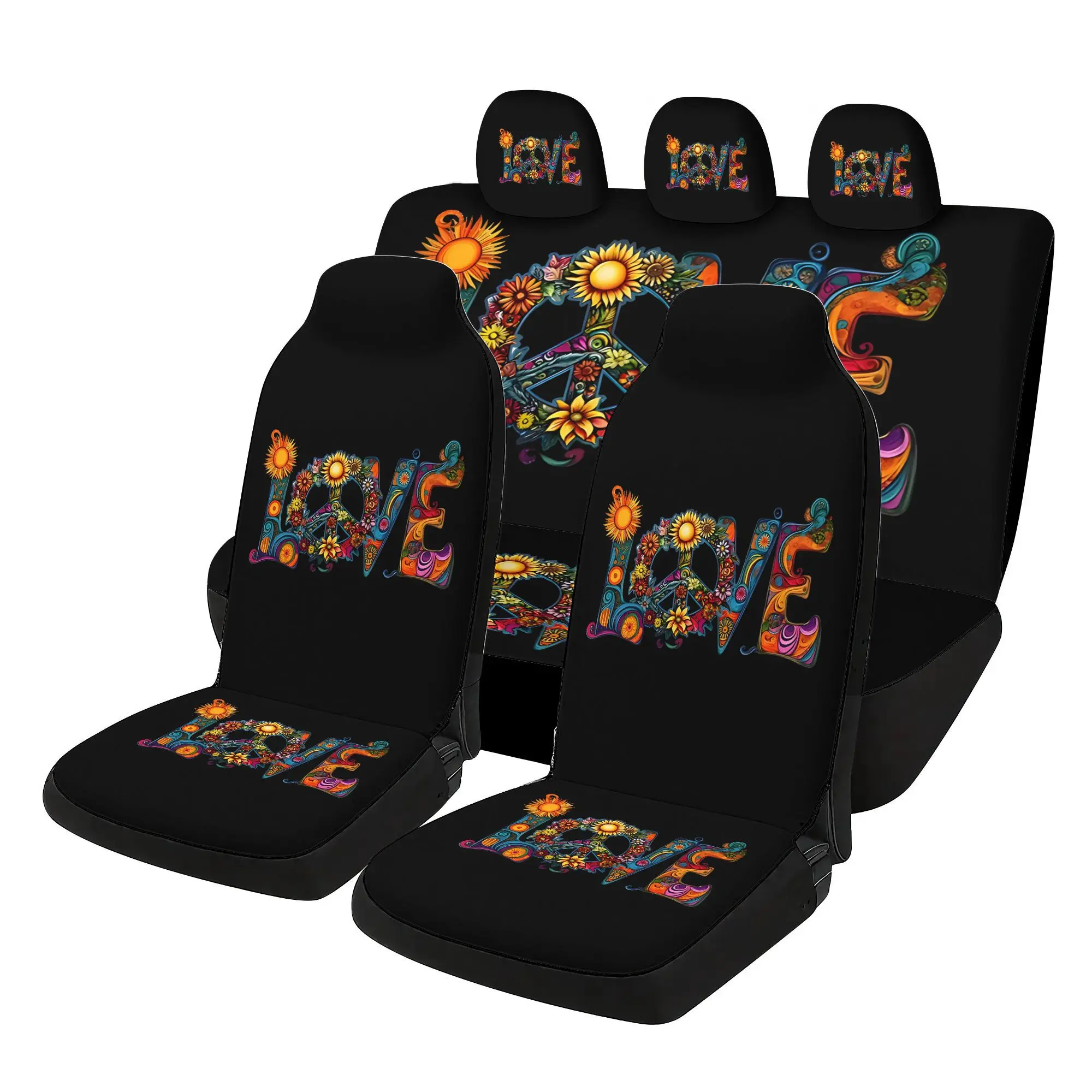 7pcs Love Peace Floral Letters Universal Car Seat Covers With Prints Including 2 Front Seat Covers+ 1 Rear Seat Back Cover + 1Re