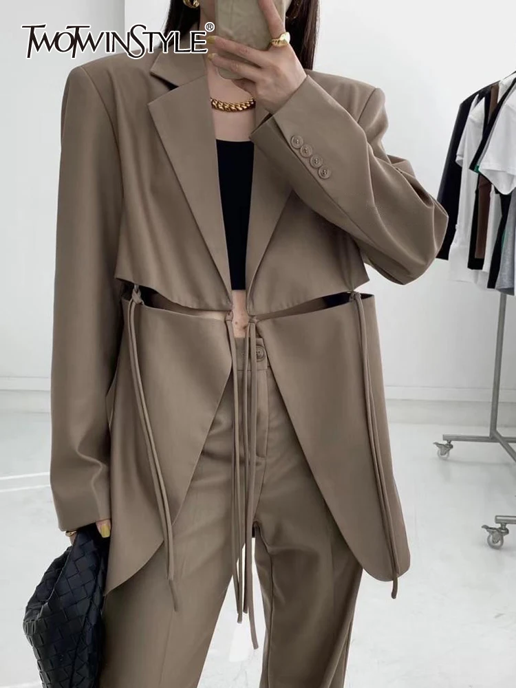 TWOTWINSTYLE Cut Out Blazer For Women Notched Collar Long Sleeve Solid High Street Blazers Female Korean Fashion Clothing Style