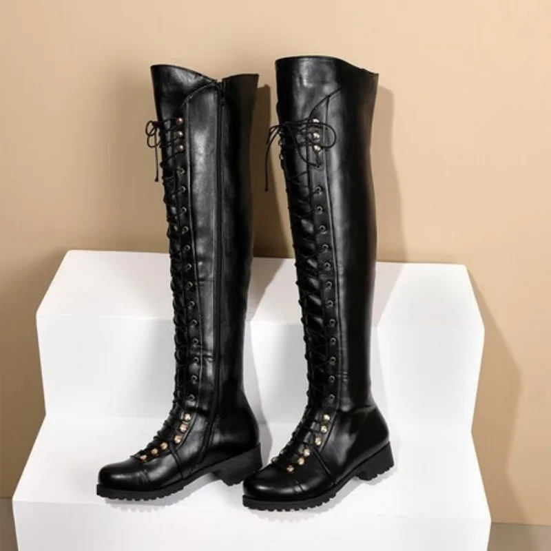 Women's Over The Knee Boots Large Size Fashion Autumn and Winter Round Toe Cross Tied Side Zipper Low Heels 3CM Women Boots