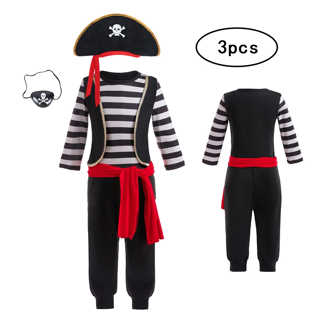 Boys Charm Clothes Pirate Kids Outfit Carnival Children Caribbean Captain Boys Jack Clothes Belt hat eyecap Set Halloween Party