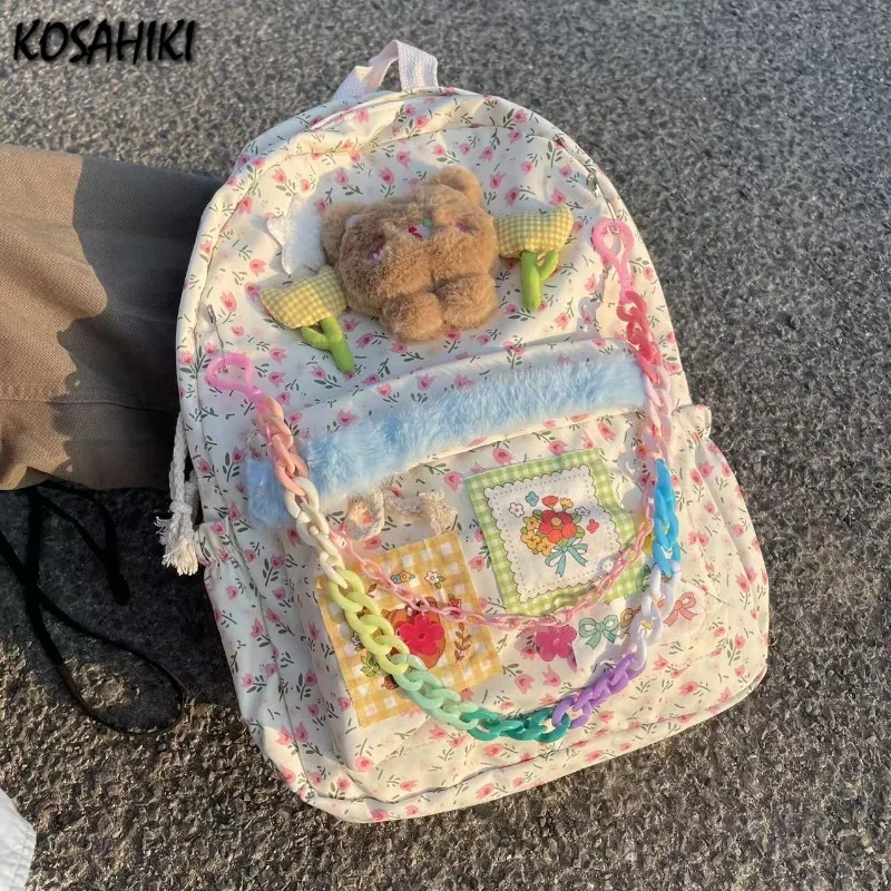 

Y2k Aesthetic Flower Print Backpack Girls Sweet Kawaii Fashion Schoolbags Japanese Women Chain All Match Backpacks for Students