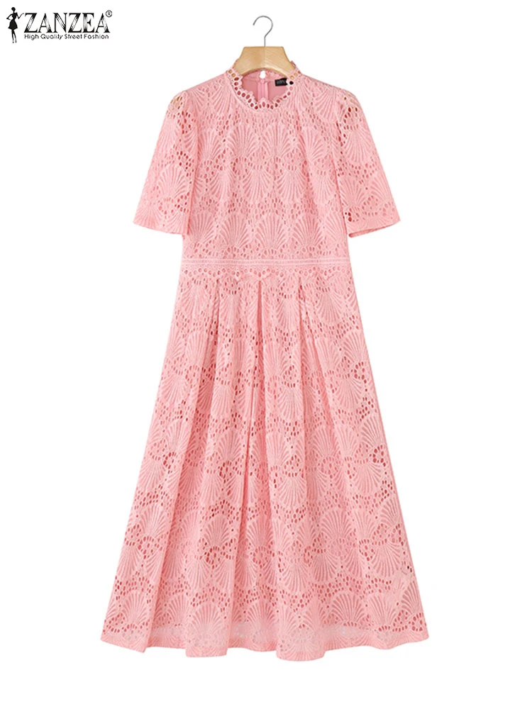 

ZANZEA Summer Lace Dress Floral Vestido 2025 Elegant Office Work Sundress Stand Solid Color Short Sleeve A-Line Robe Oversized
