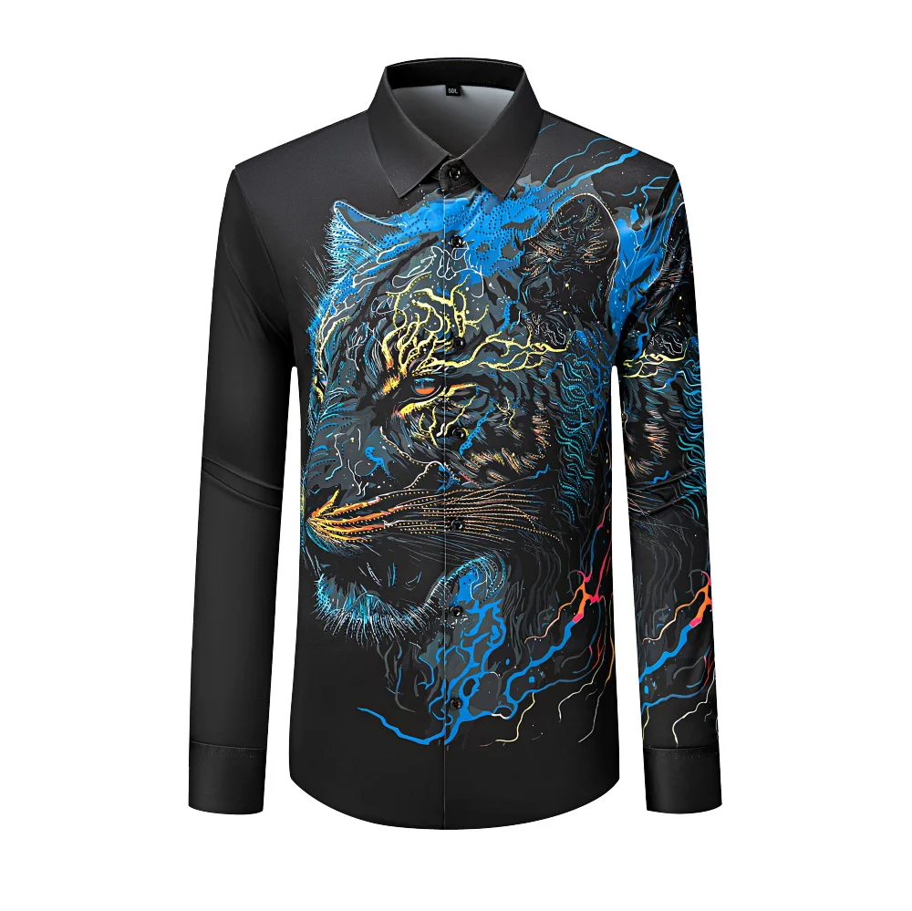 

Luxury Leopard Print Rhinestone Men's Shirt Long Sleeved Casual Business Social Shirt Social Banquet Party Streetwear Shirts