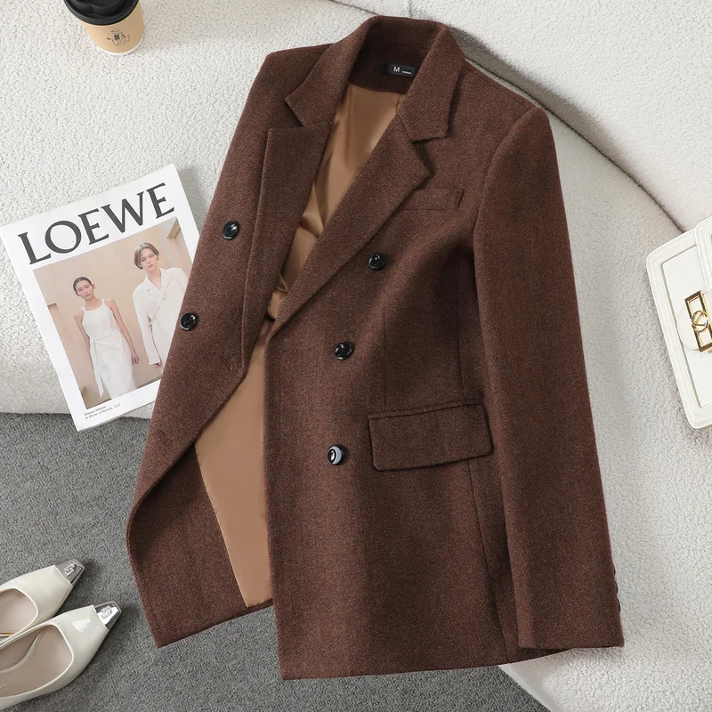 Women's High-Quality Coffee-Colored Wool Blazer Korean-Style Plus-Size Autumn/Winter Outerwear